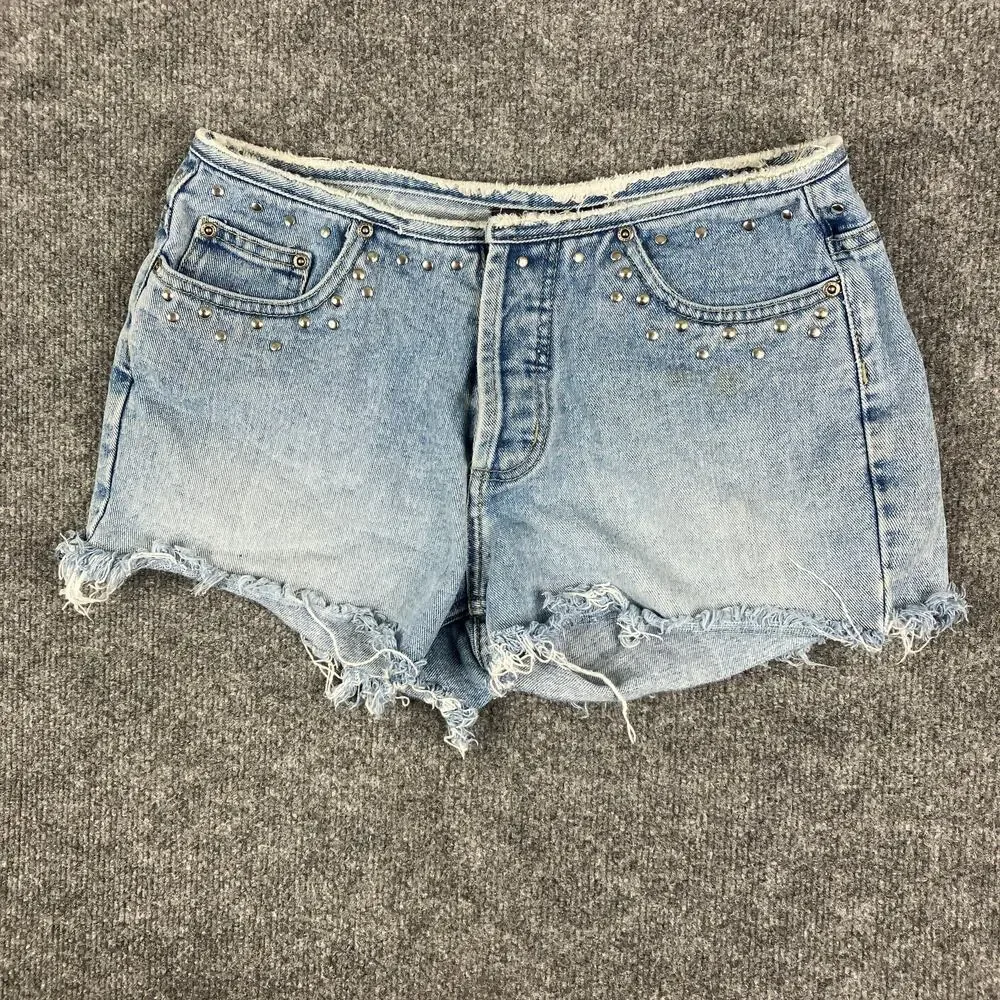 Wild Secret Denim Shorts Womens 9 Light Wash Studded Distressed‎ Frayed Hem